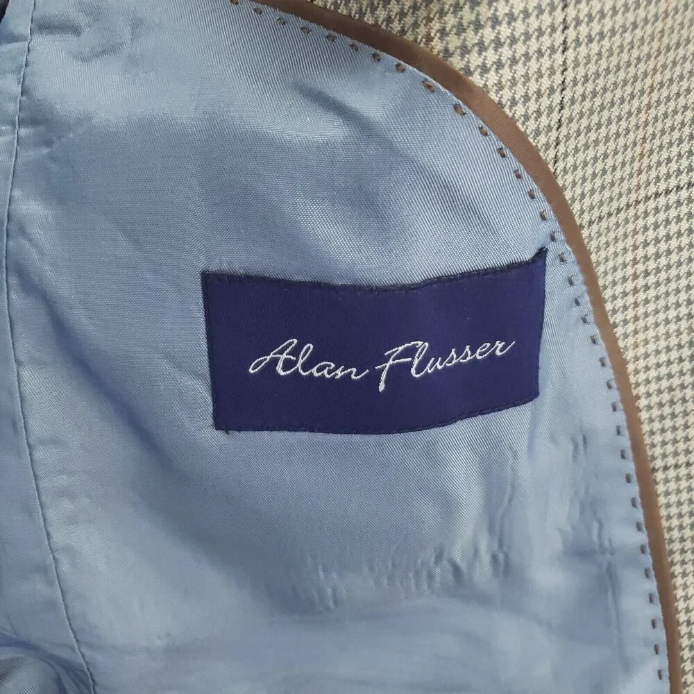 Alan Flusser Blazer Sport Coat Mens 40S Beige Houndstooth Silk Wool Formal
